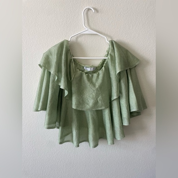 Zara lime green sequin off the shoulder ruffle blouse - Picture 2 of 4